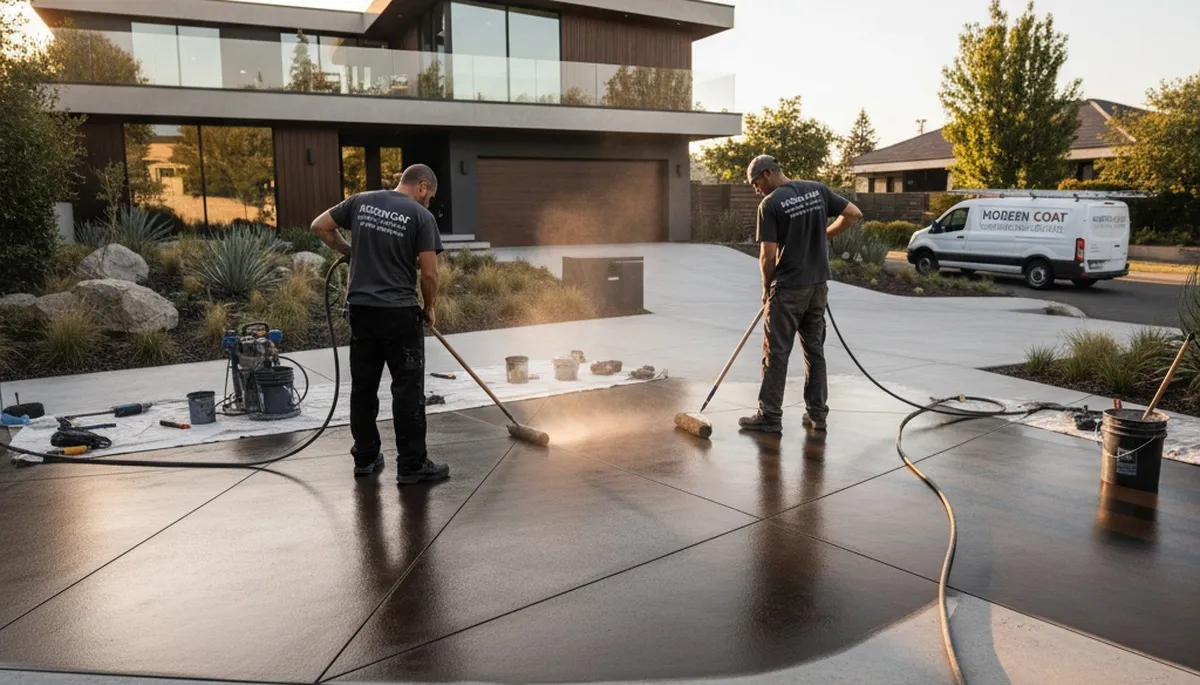 Professional concrete staining on residential patio in Champaign, IL by expert house painters