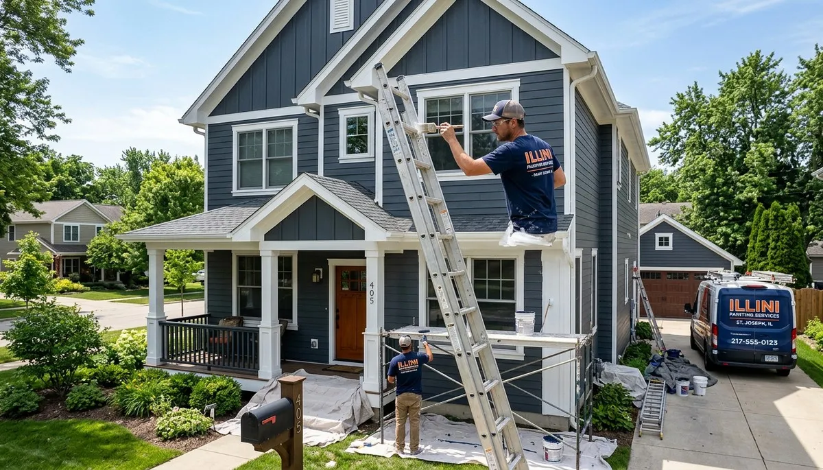 Professional house painters in Champaign IL applying exterior paint to a modern home façade