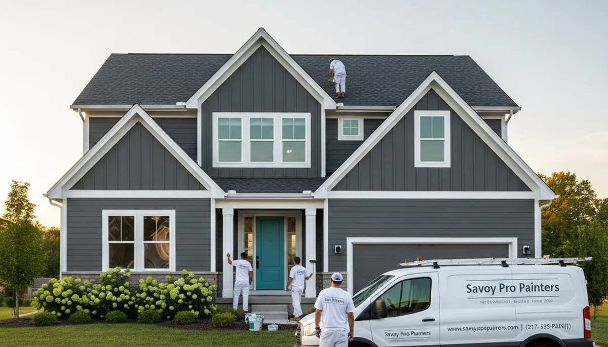 Professional house painters working on exterior home in Champaign, IL