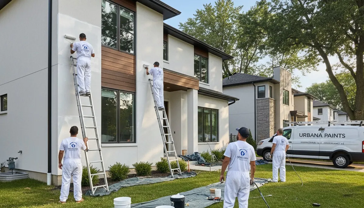 Professional house painters in Champaign IL applying exterior paint to a residential home