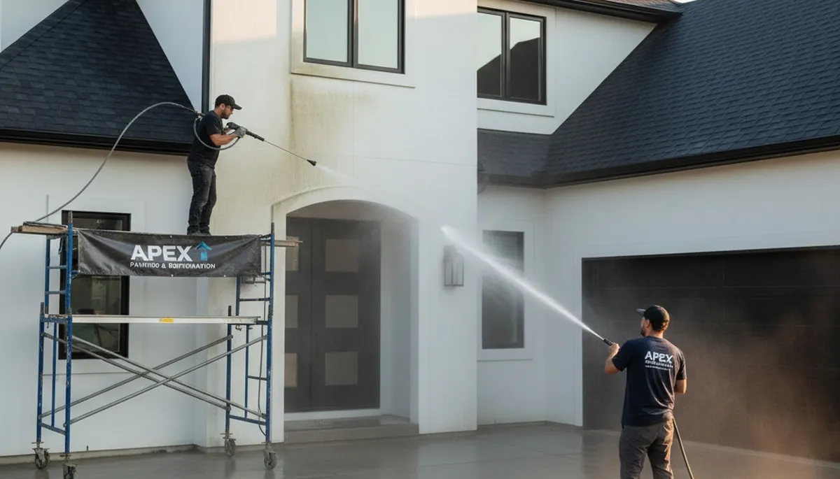 Professional pressure cleaning on home exterior in Champaign, IL by expert painters restoring surfaces